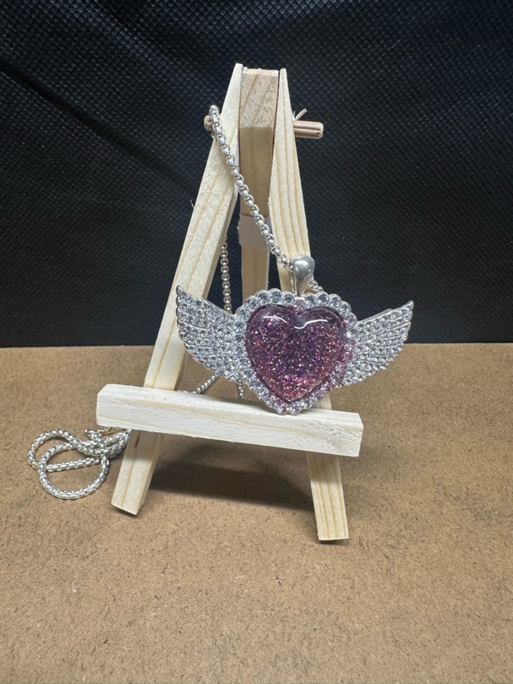 Hand Crafted Pink Glitter Heart Wing Pendant Necklace